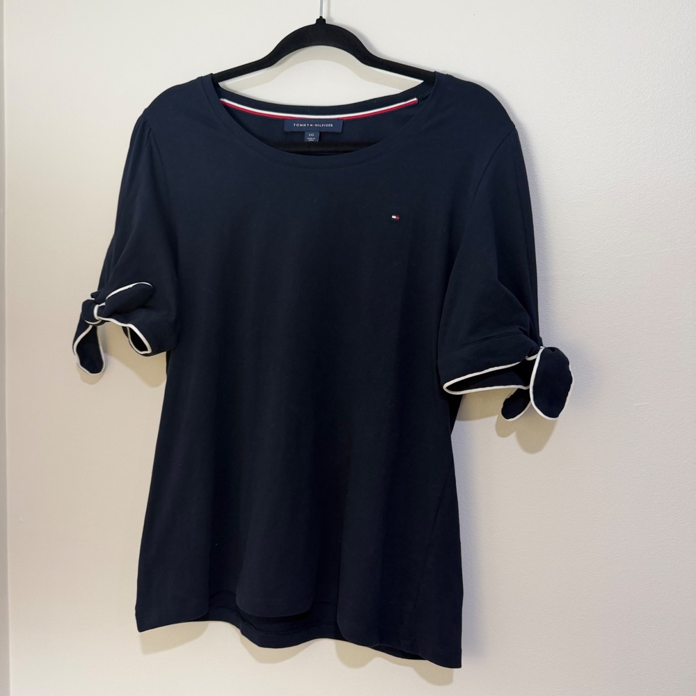 Tommy Hilfiger Navy Blue Tie Sleeve Top White Piping J52H6244 L/G